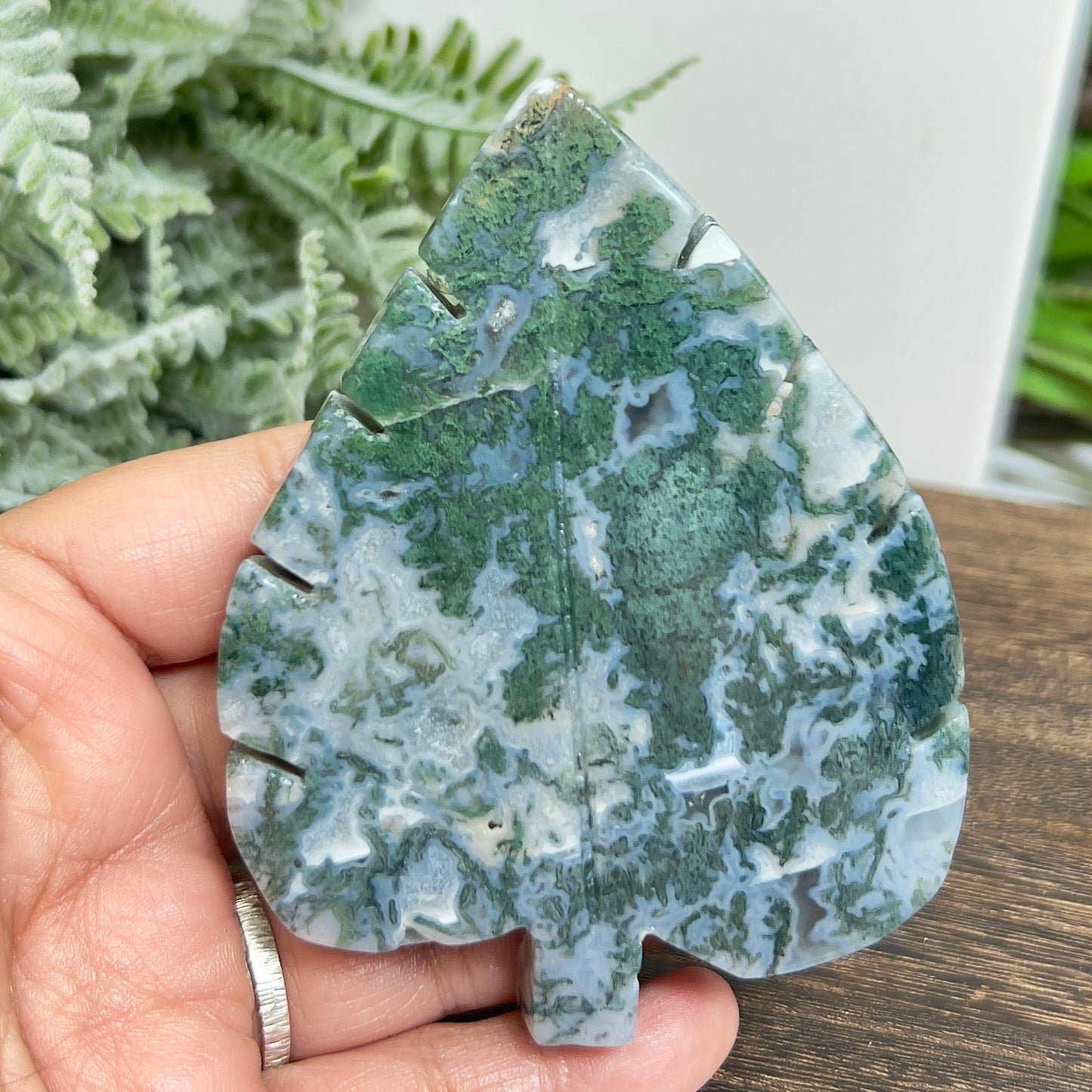 Moss Agate Leaf Healing Crystal Plant Carving 184g