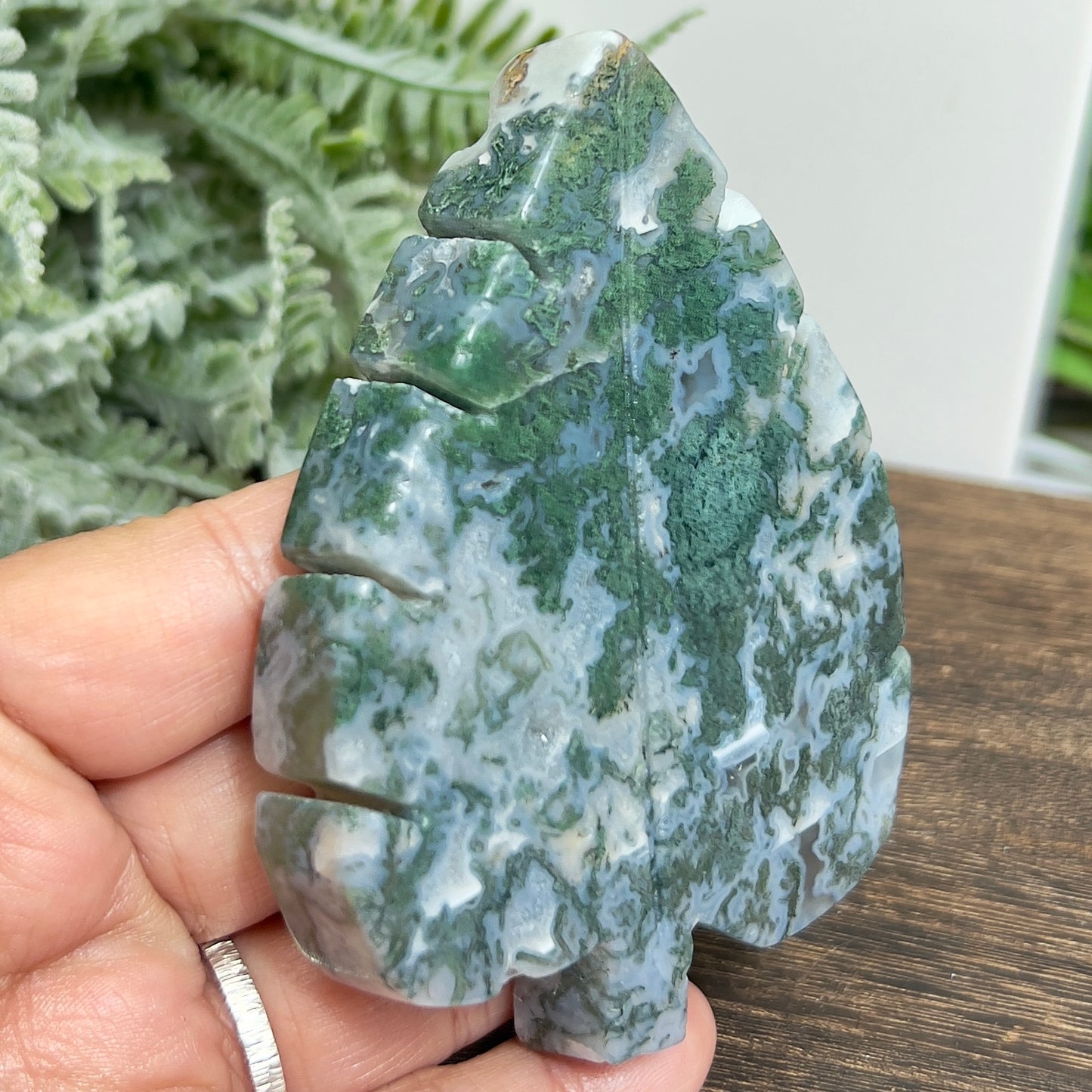 Moss Agate Leaf Healing Crystal Plant Carving 184g