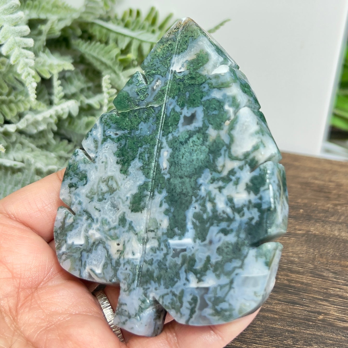 Moss Agate Leaf Healing Crystal Plant Carving 184g