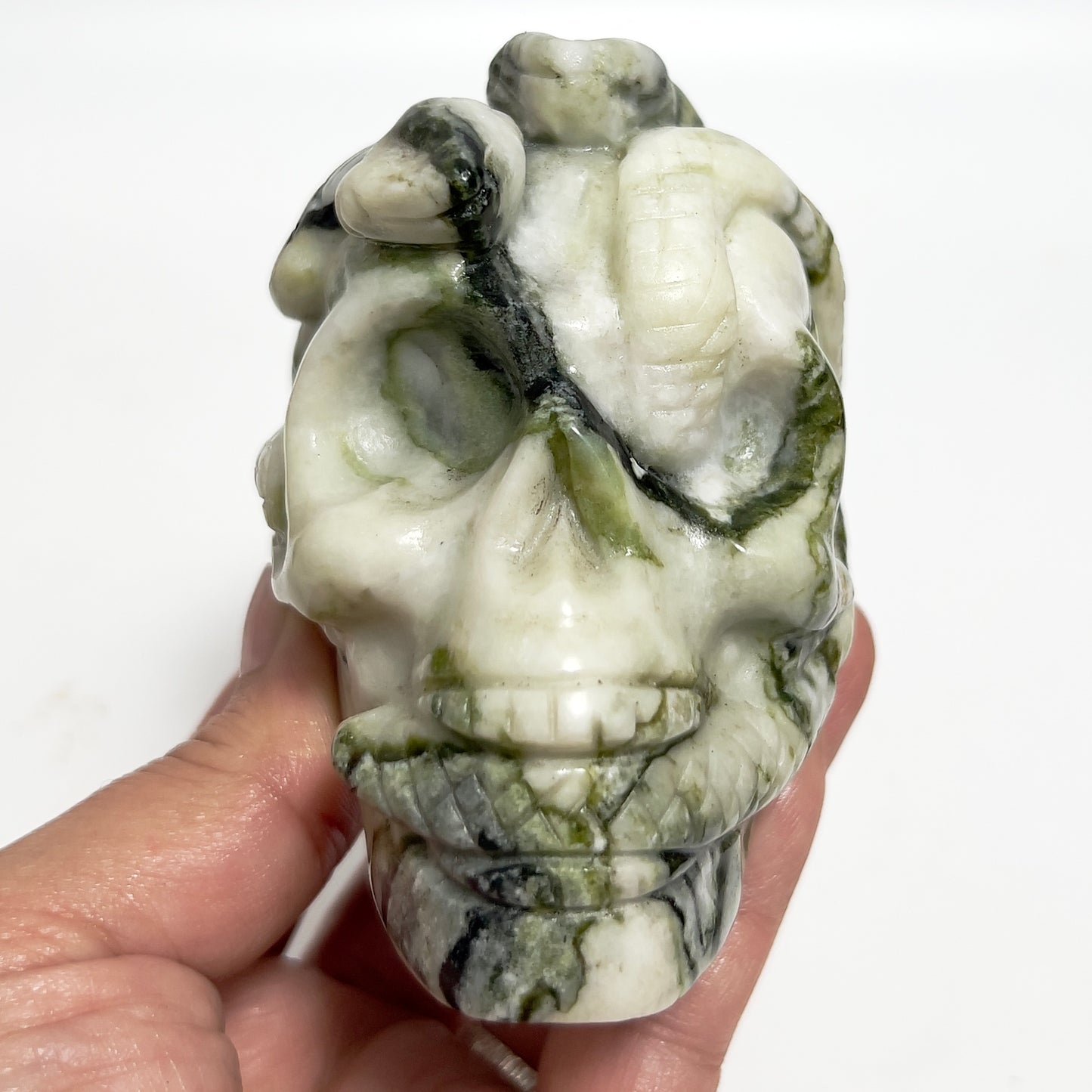 Jade Snakes on Skull Healing Crystal Carving 585g