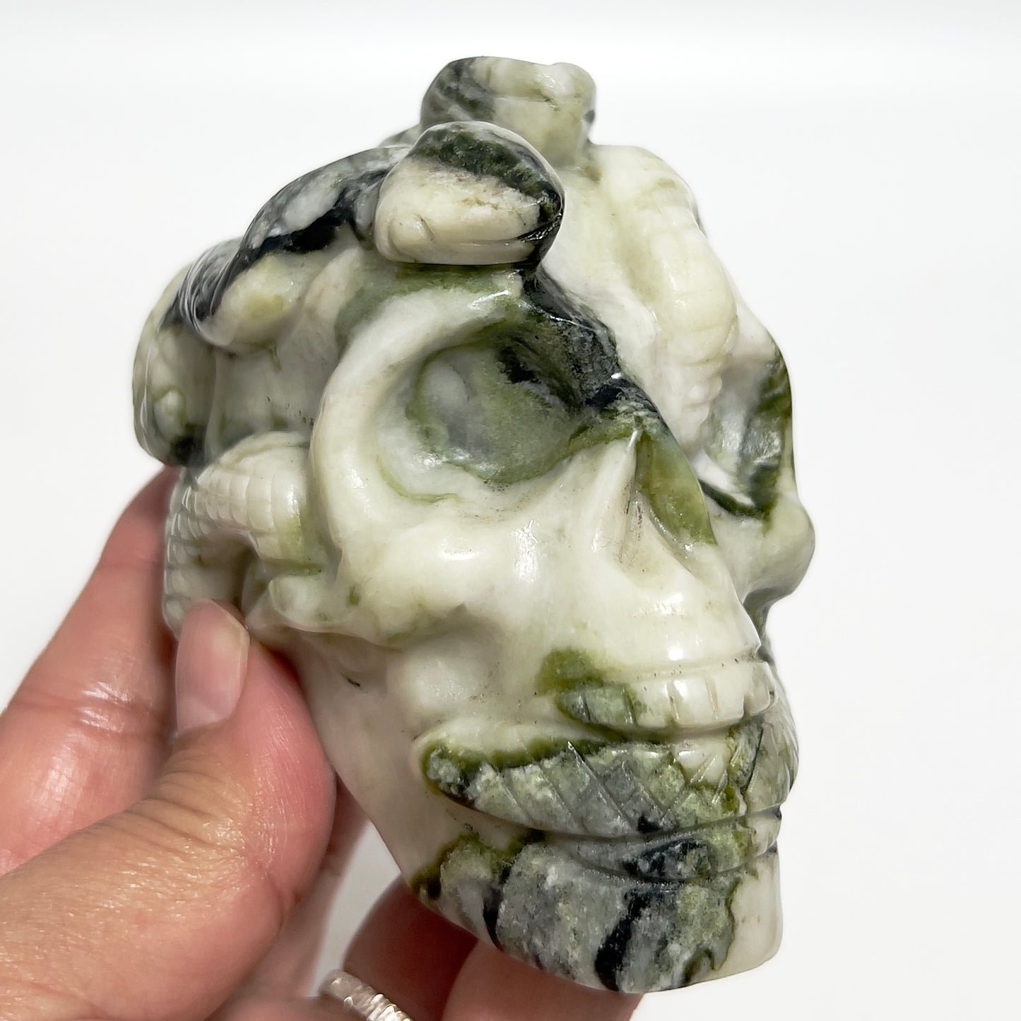 Jade Snakes on Skull Healing Crystal Carving 585g