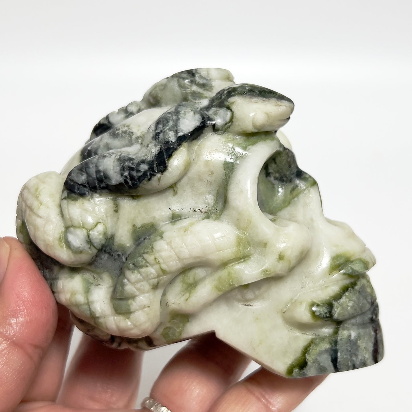 Jade Snakes on Skull Healing Crystal Carving 585g