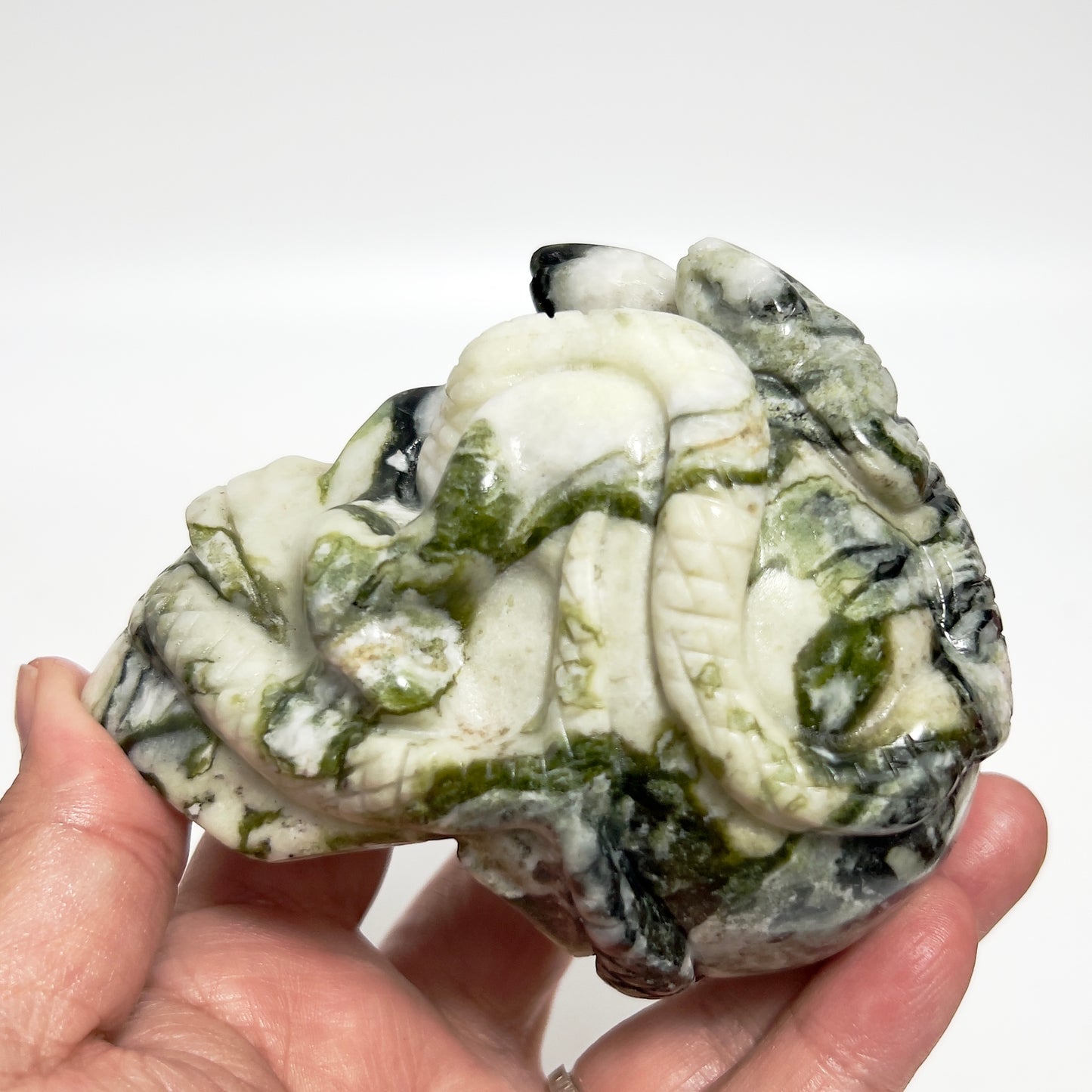 Jade Snakes on Skull Healing Crystal Carving 585g