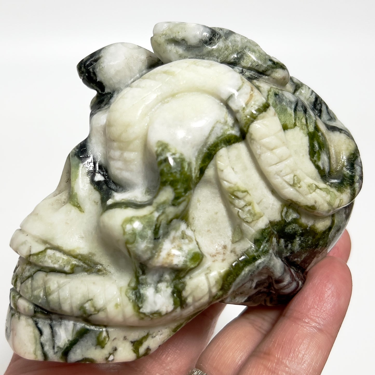 Jade Snakes on Skull Healing Crystal Carving 585g