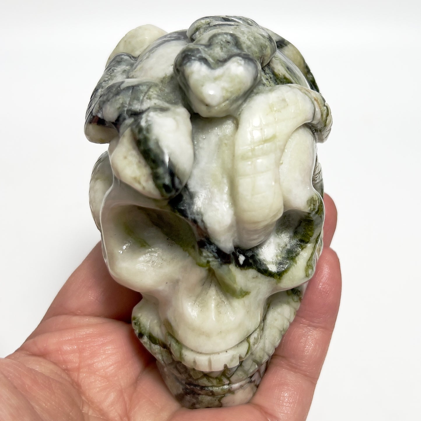 Jade Snakes on Skull Healing Crystal Carving 585g