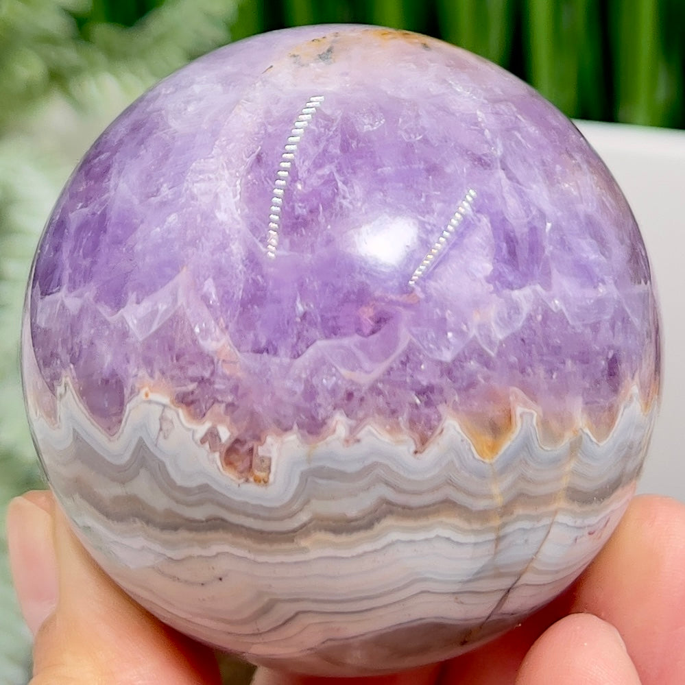 Amethyst with Mexican Lace Agate Purple Sphere Healing Crystal Ball 322g 61mm