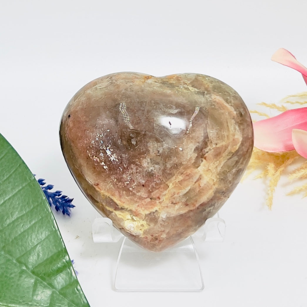 Golden Moonstone Heart Sunstone with Stand Healing Crystal Carving 406g