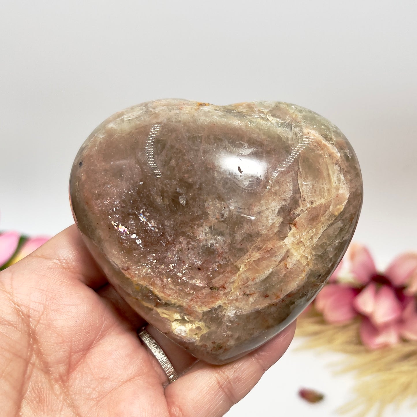 Golden Moonstone Heart Sunstone with Stand Healing Crystal Carving 406g