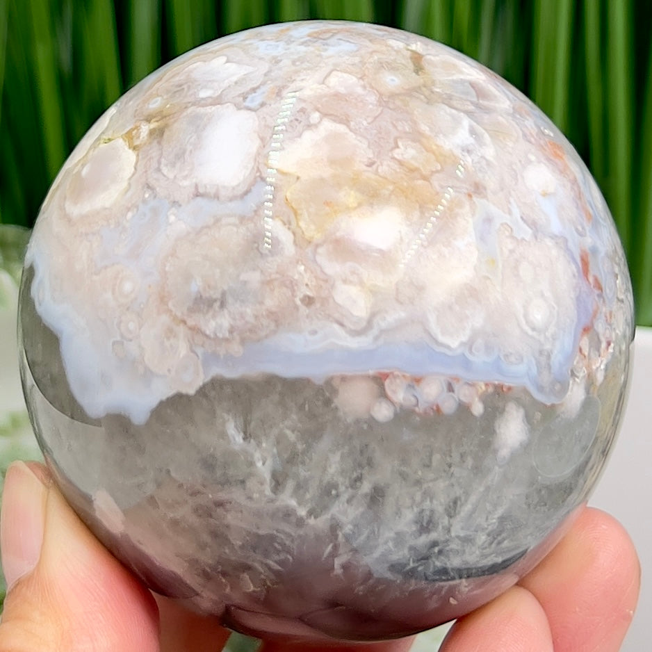 Flower Agate Pink Blue With Quartz Sphere Healing Crystal Ball 466g 70mm