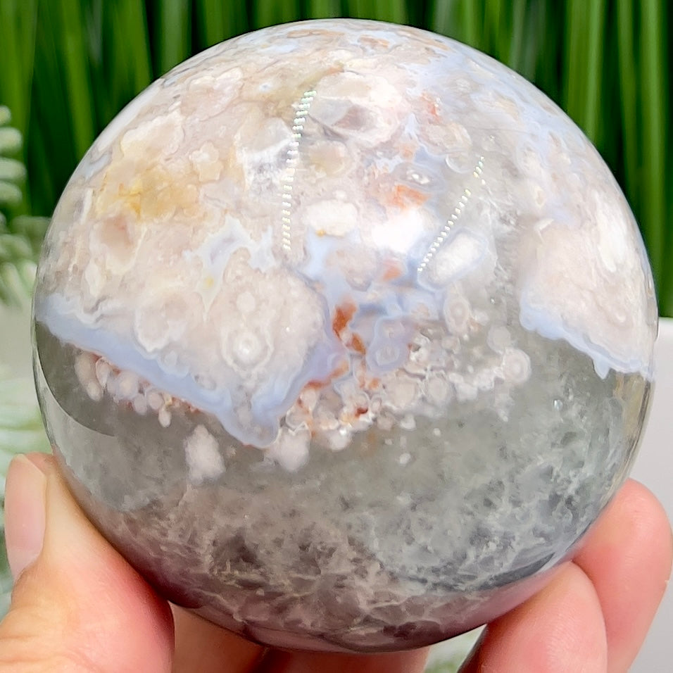 Flower Agate Pink Blue With Quartz Sphere Healing Crystal Ball 466g 70mm