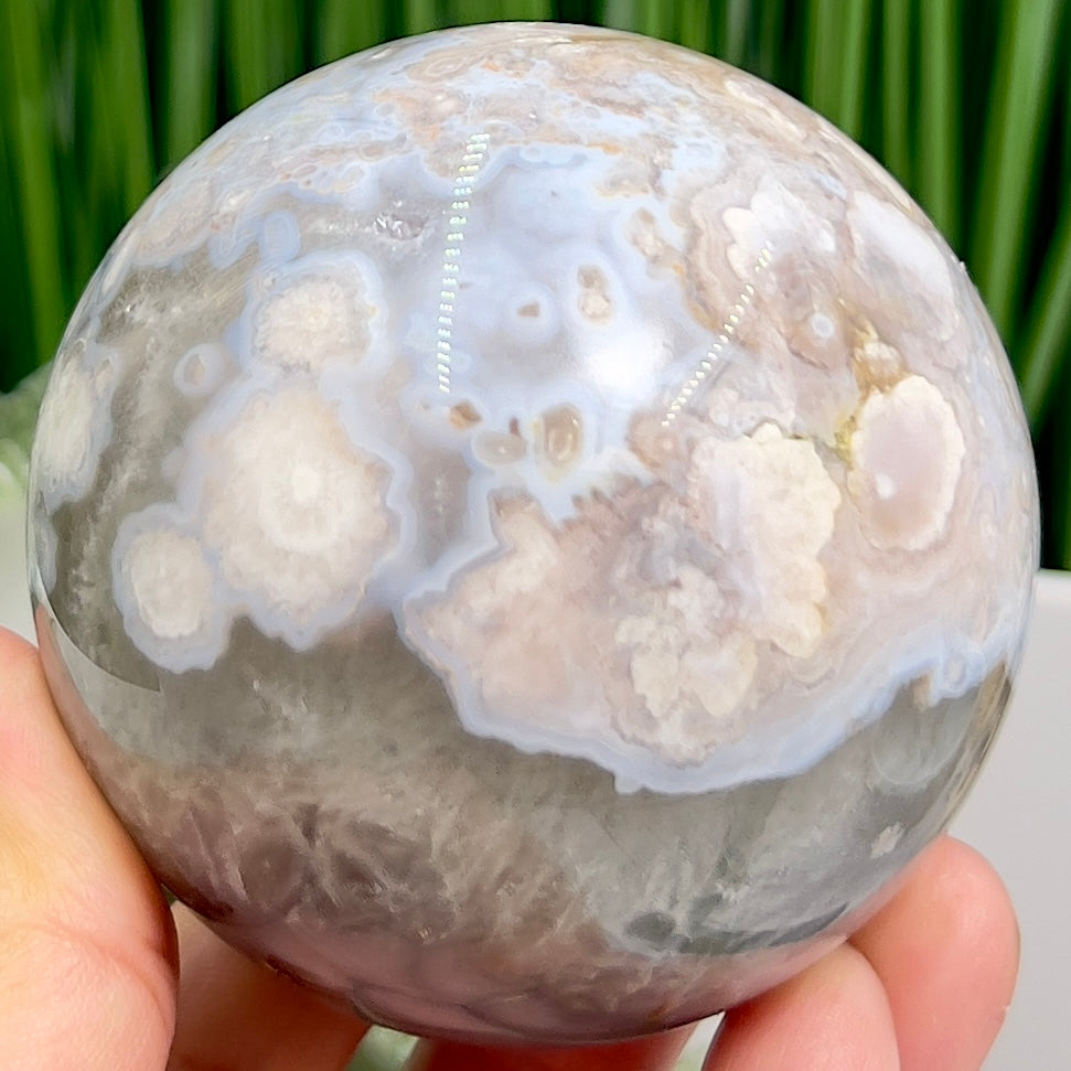 Flower Agate Pink Blue With Quartz Sphere Healing Crystal Ball 466g 70mm