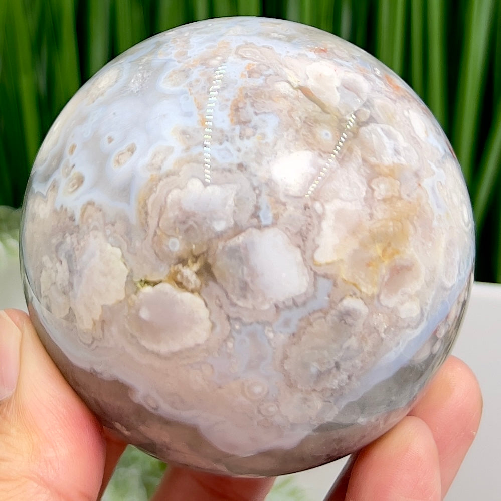 Flower Agate Pink Blue With Quartz Sphere Healing Crystal Ball 466g 70mm