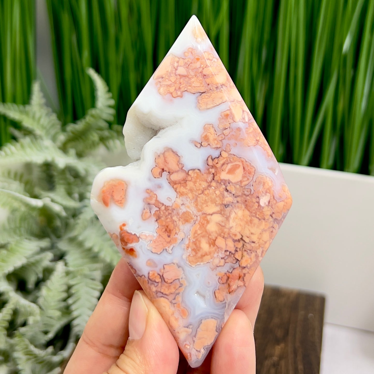 Pink Cotton Candy Agate Rhombus Diamond with Stand Healing Crystal Carving