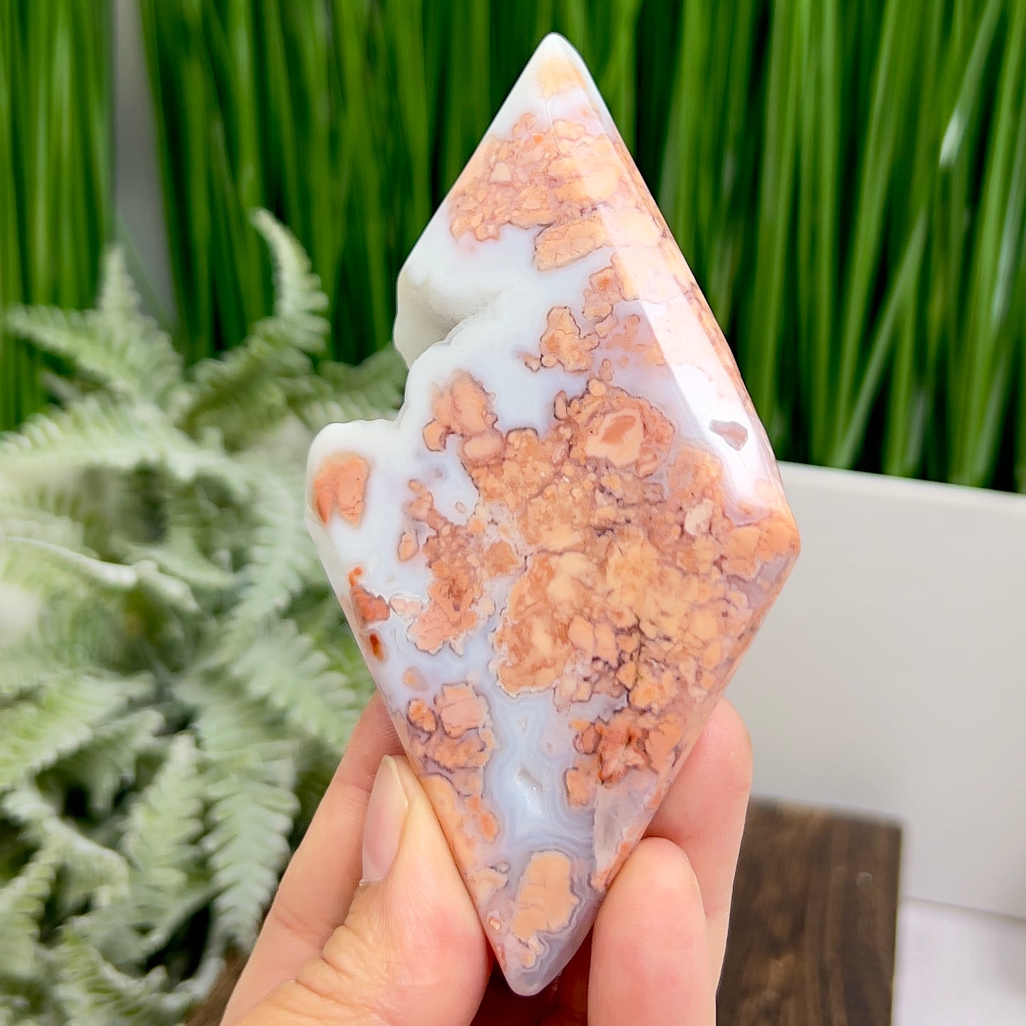 Pink Cotton Candy Agate Rhombus Diamond with Stand Healing Crystal Carving