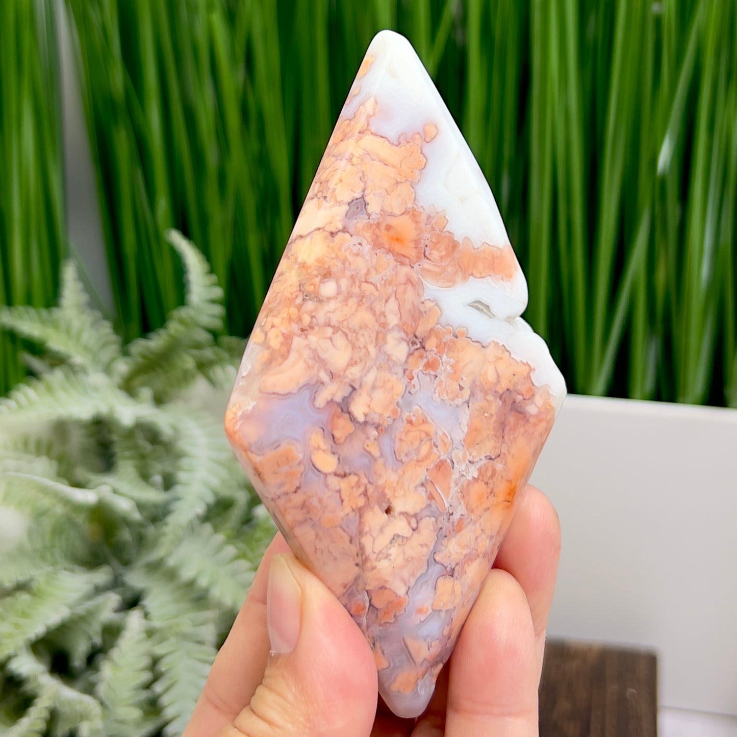 Pink Cotton Candy Agate Rhombus Diamond with Stand Healing Crystal Carving