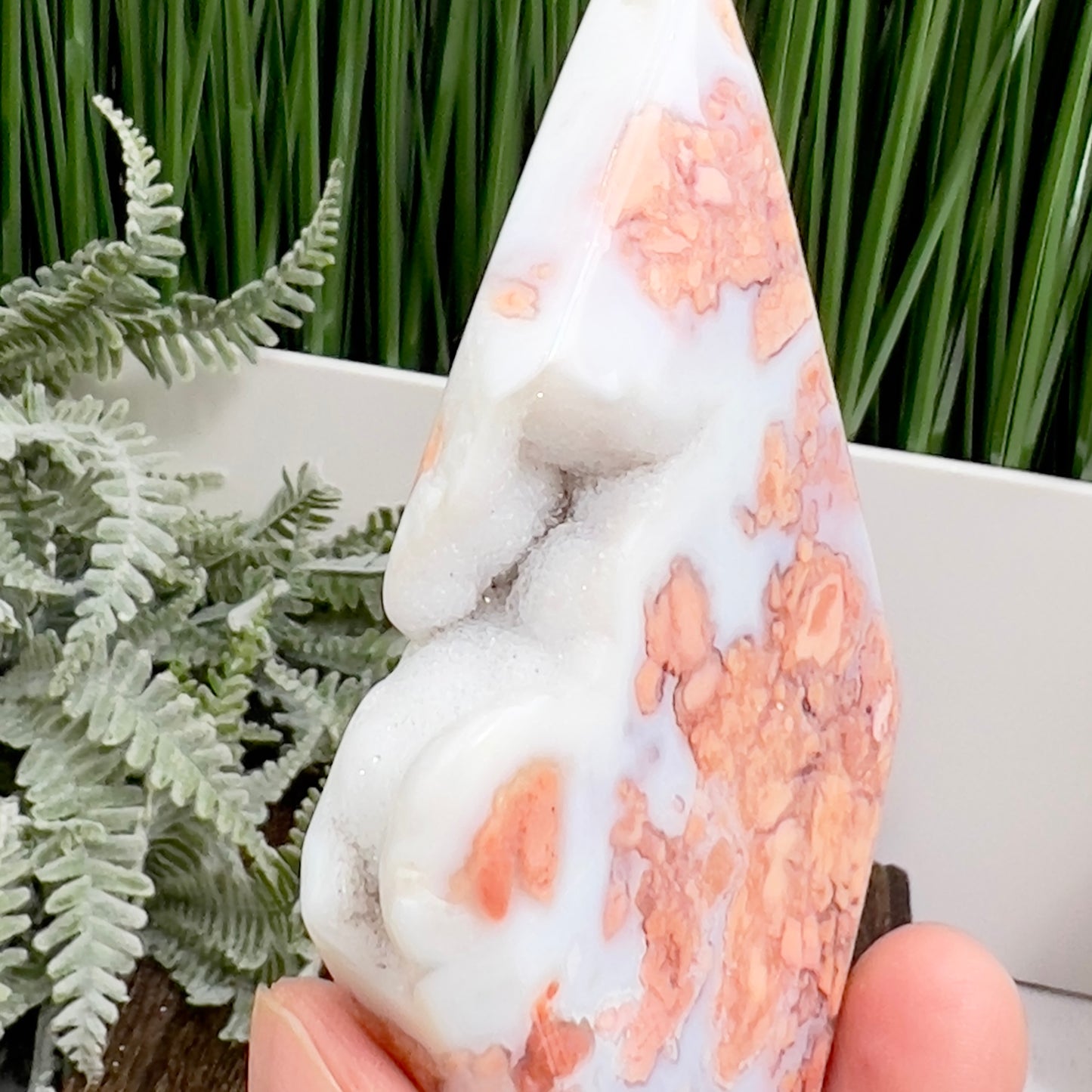 Pink Cotton Candy Agate Rhombus Diamond with Stand Healing Crystal Carving