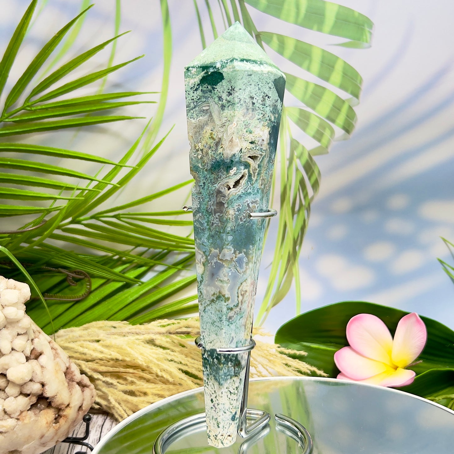 Moss Agate Wand with Stand Healing Crystal Ball 402g 218mm