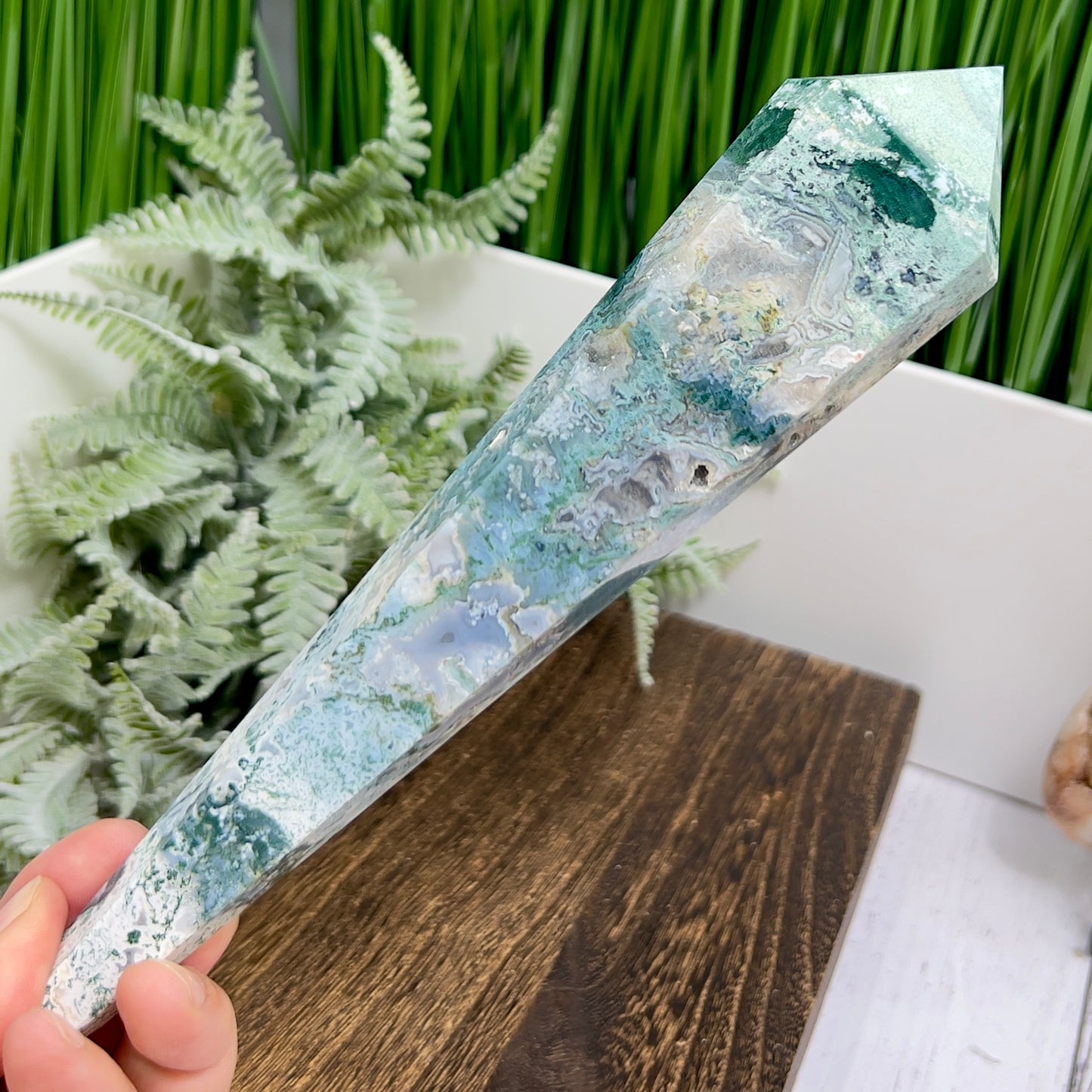 Moss Agate Wand with Stand Healing Crystal Ball 402g 218mm