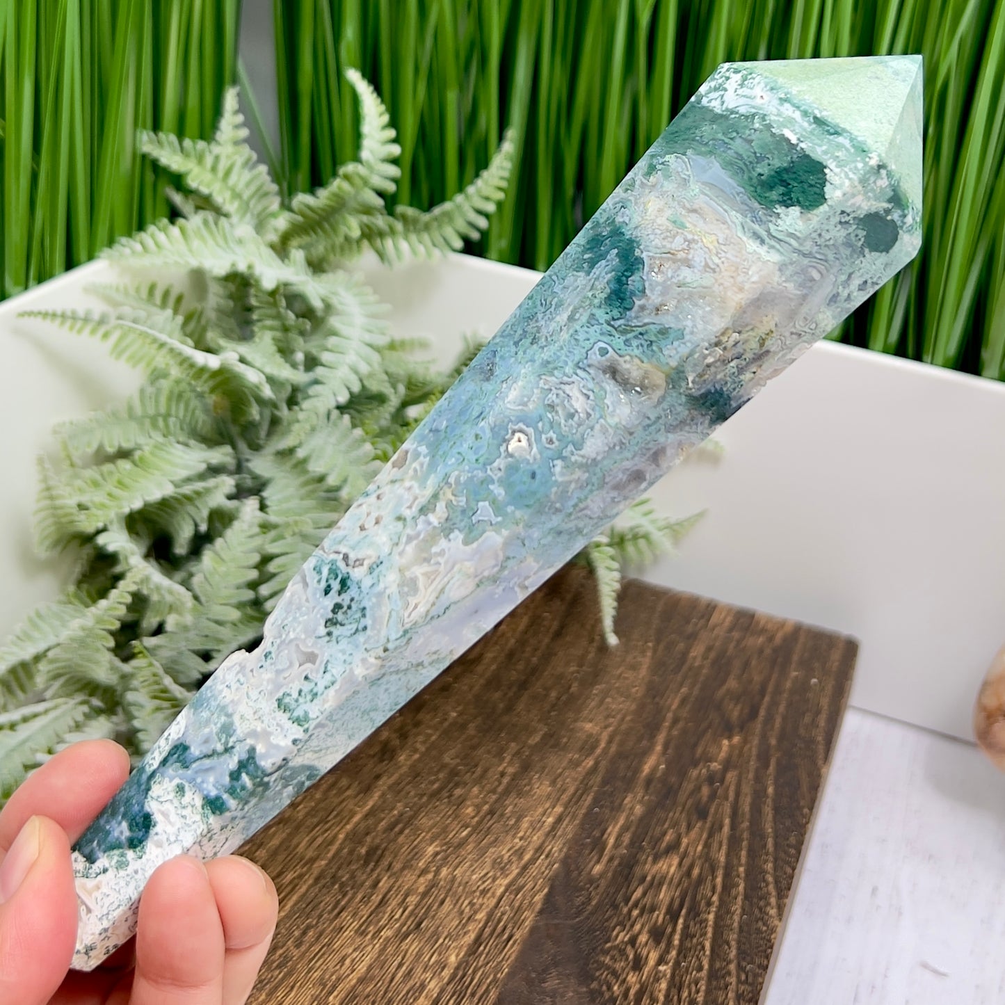 Moss Agate Wand with Stand Healing Crystal Ball 402g 218mm