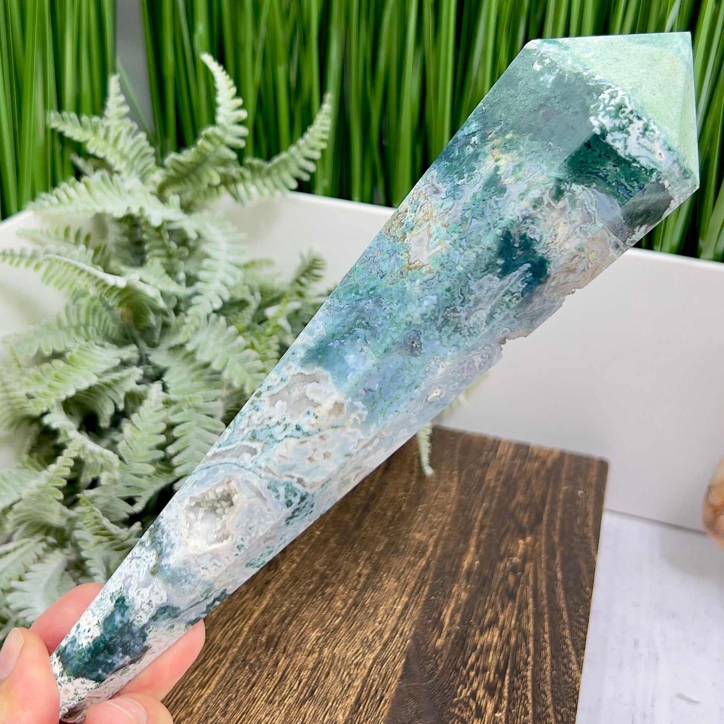 Moss Agate Wand with Stand Healing Crystal Ball 402g 218mm