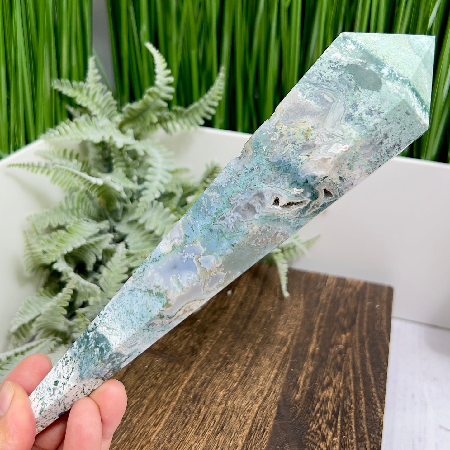 Moss Agate Wand with Stand Healing Crystal Ball 402g 218mm