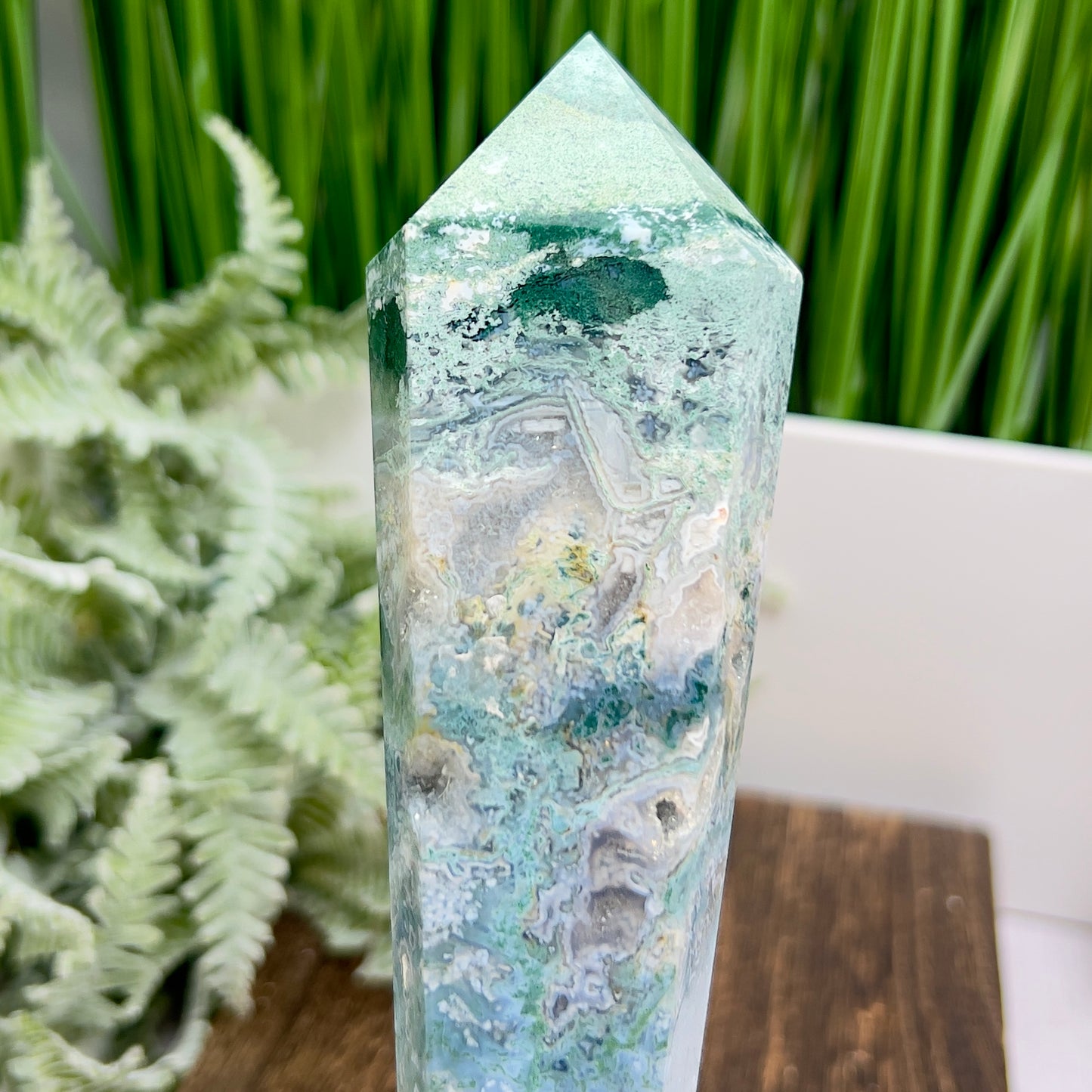 Moss Agate Wand with Stand Healing Crystal Ball 402g 218mm