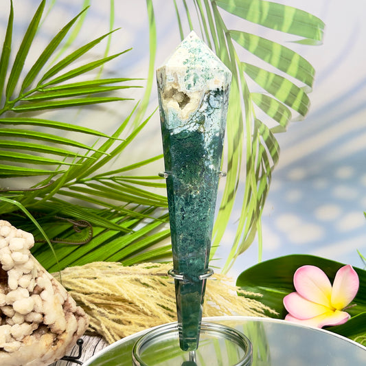 Moss Agate Wand with Stand Healing Crystal Ball 414g 217mm