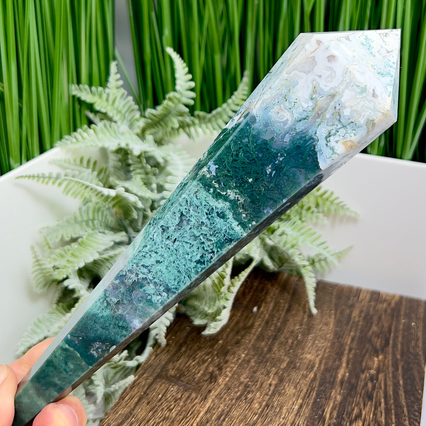 Moss Agate Wand with Stand Healing Crystal Ball 414g 217mm