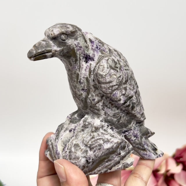 Purple Fluorite Sphalerite Raven Bird Healing Crystal Carving 773g