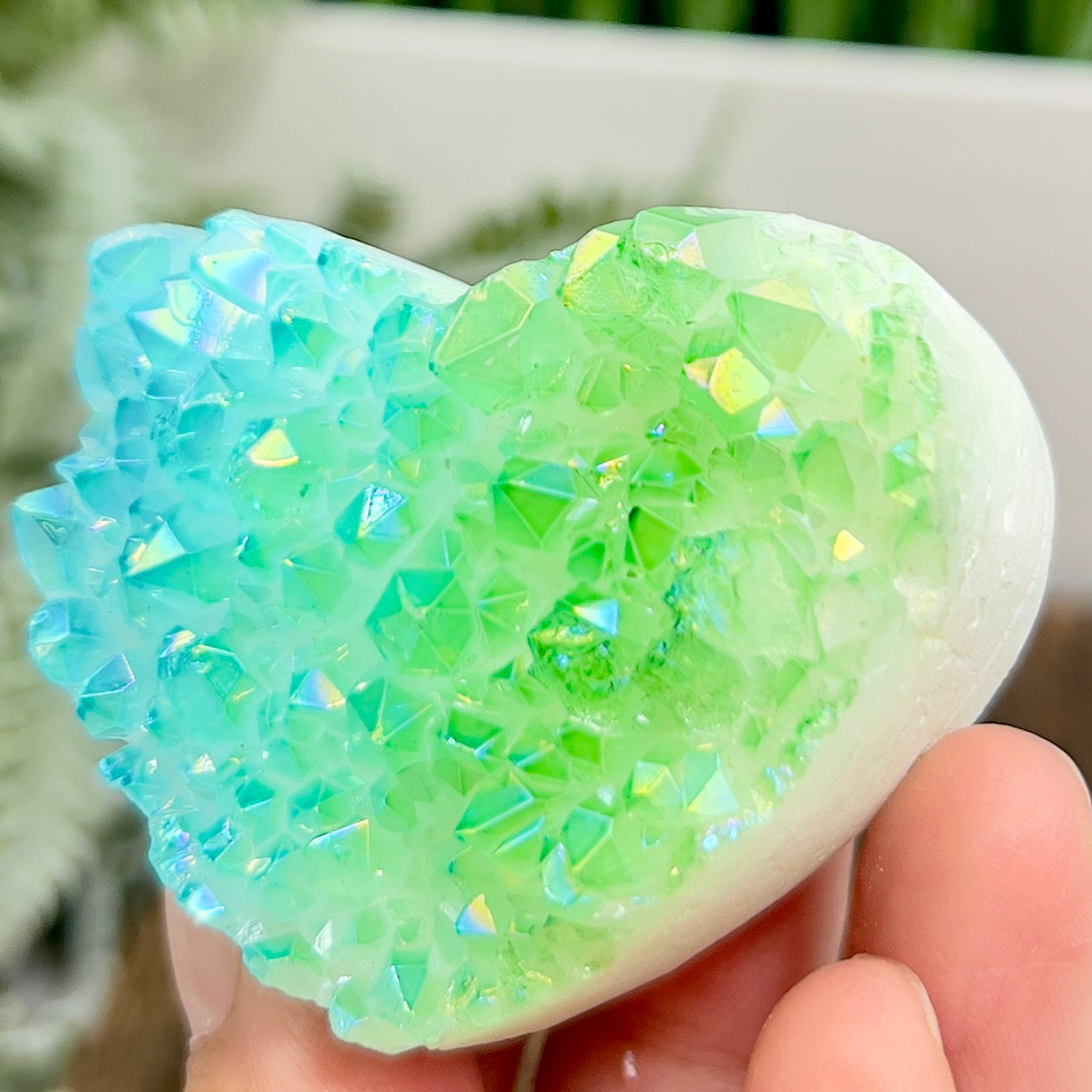 Quartz Heart with Blue Green Angel Aura Healing Crystal Carving 126g