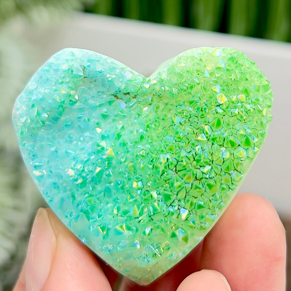 Quartz Heart Double Sided with Blue Green Angel Aura Crystal Carving 72g