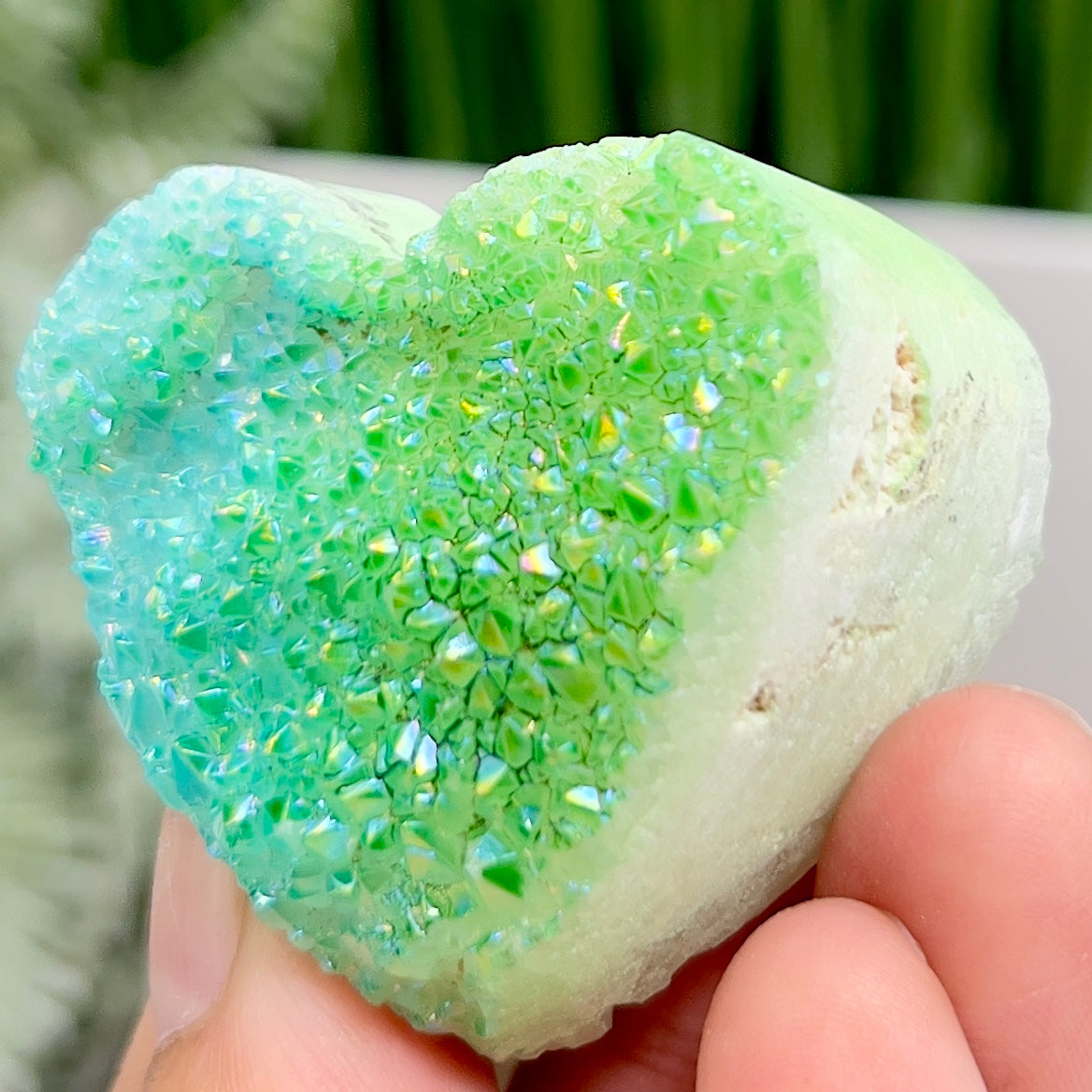 Quartz Heart Double Sided with Blue Green Angel Aura Crystal Carving 72g