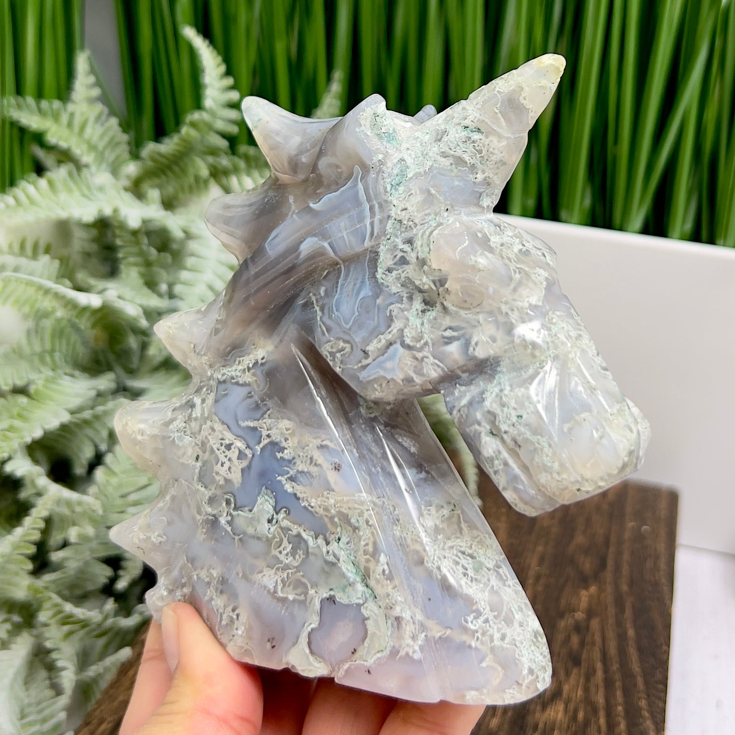 Moss Agate Unicorn Animal Fairy Tale Healing Crystal Carving 464g