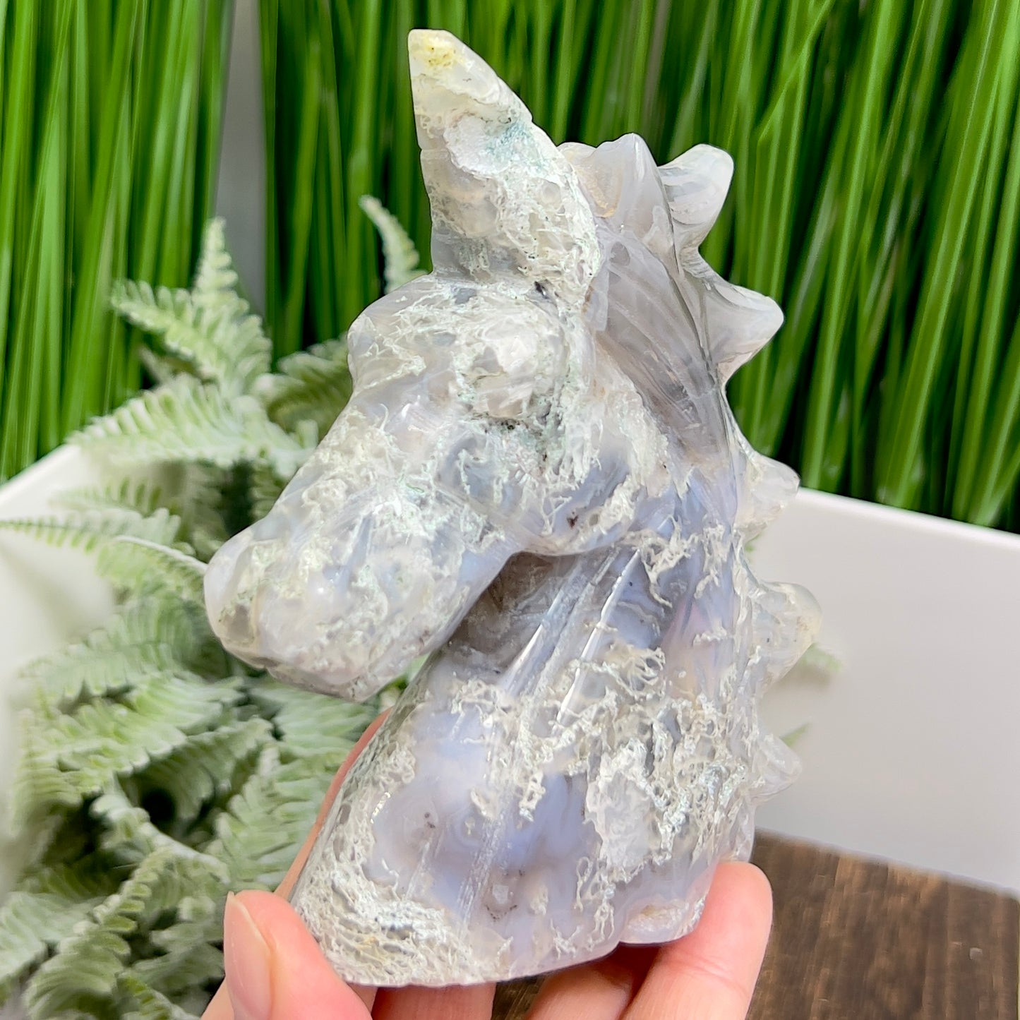 Moss Agate Unicorn Animal Fairy Tale Healing Crystal Carving 464g