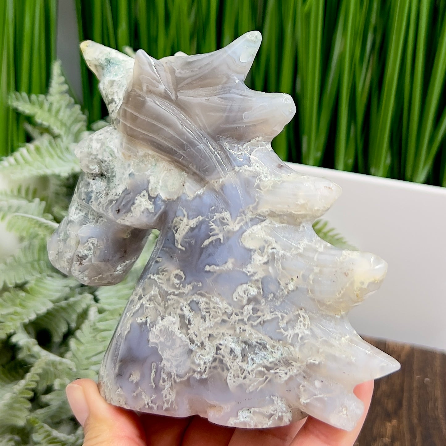 Moss Agate Unicorn Animal Fairy Tale Healing Crystal Carving 464g