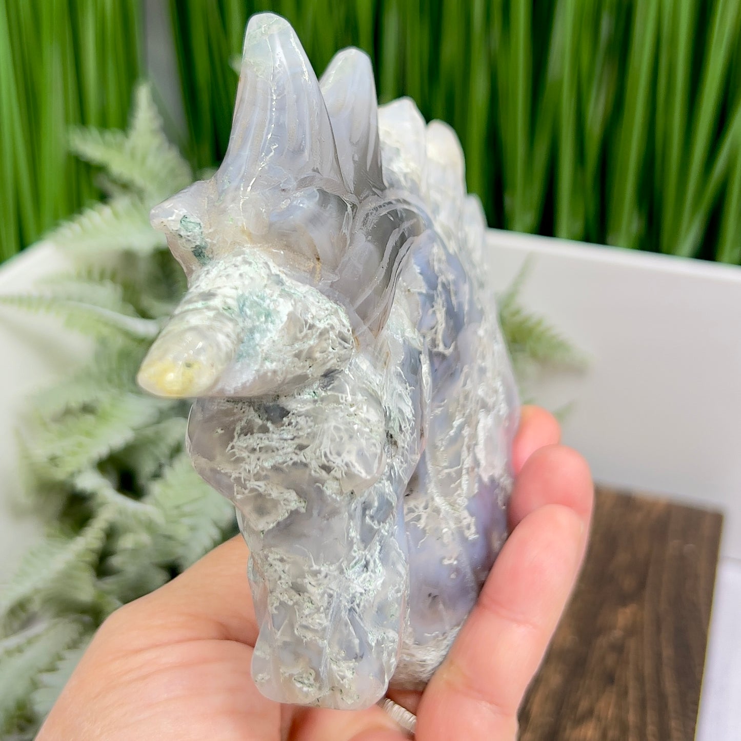 Moss Agate Unicorn Animal Fairy Tale Healing Crystal Carving 464g