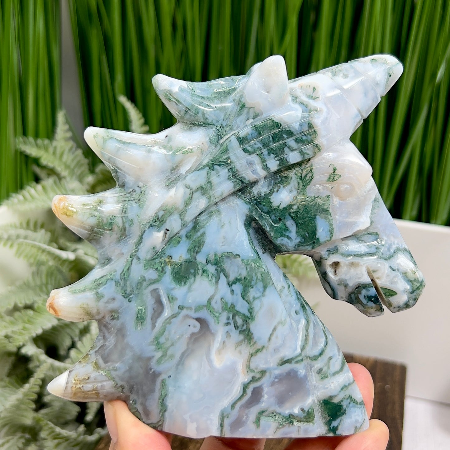 Moss Agate Unicorn Animal Fairy Tale Healing Crystal Carving 518g