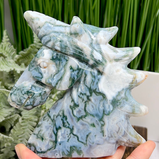 Moss Agate Unicorn Animal Fairy Tale Healing Crystal Carving 518g