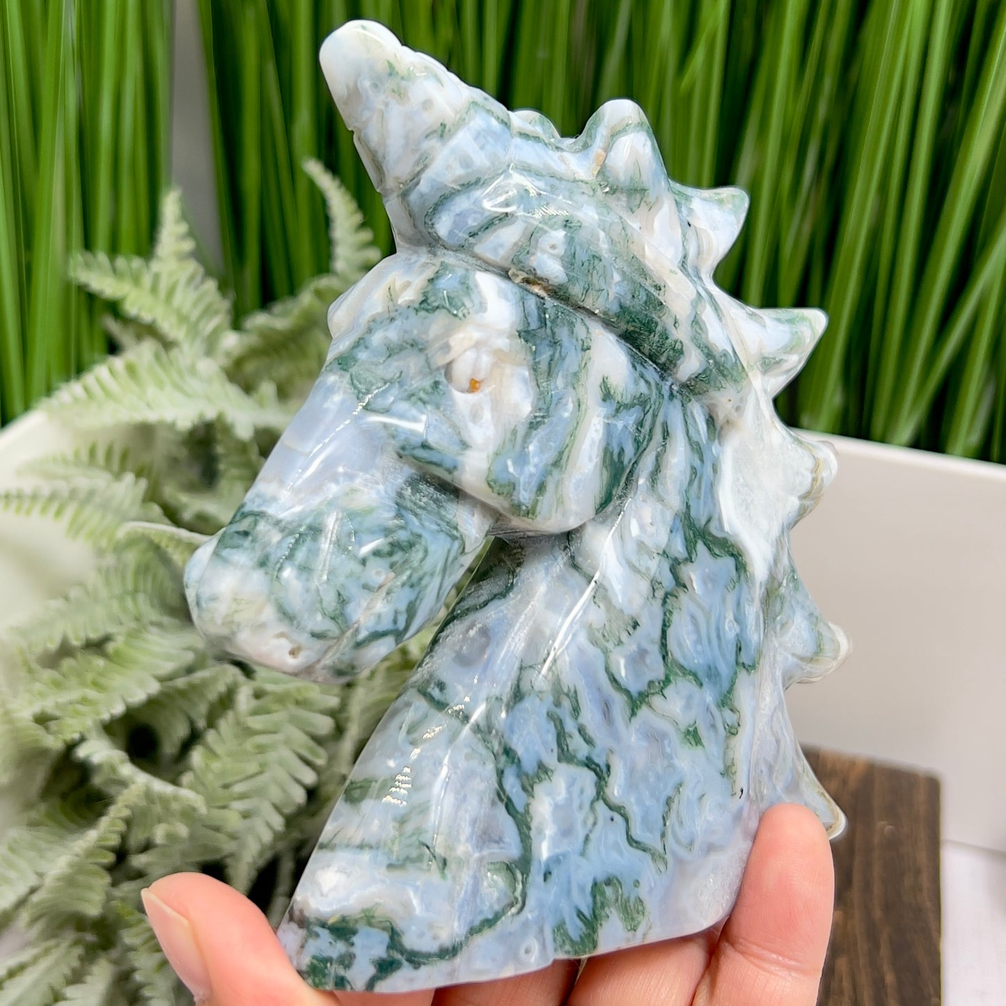 Moss Agate Unicorn Animal Fairy Tale Healing Crystal Carving 518g