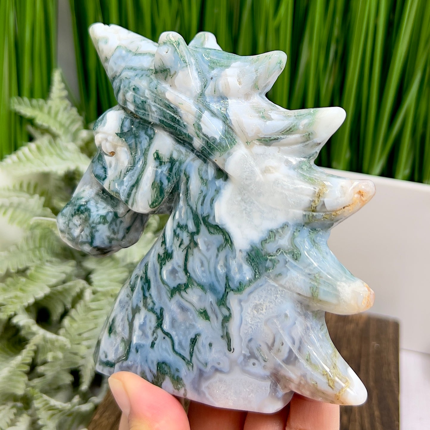 Moss Agate Unicorn Animal Fairy Tale Healing Crystal Carving 518g