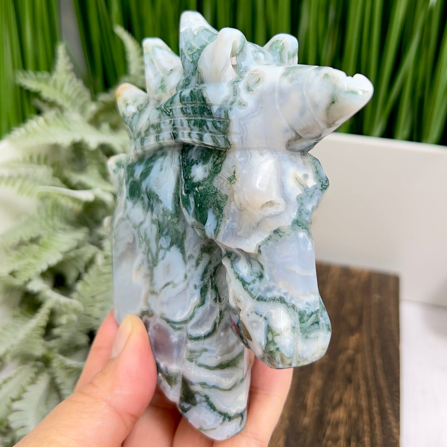 Moss Agate Unicorn Animal Fairy Tale Healing Crystal Carving 518g