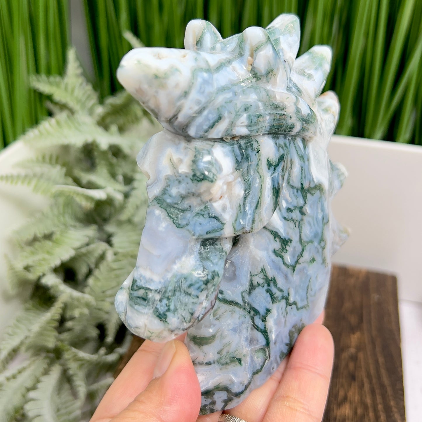 Moss Agate Unicorn Animal Fairy Tale Healing Crystal Carving 518g