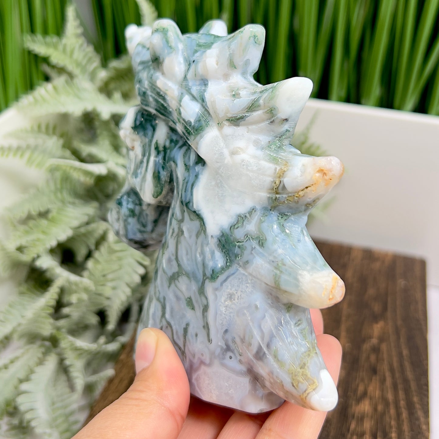 Moss Agate Unicorn Animal Fairy Tale Healing Crystal Carving 518g