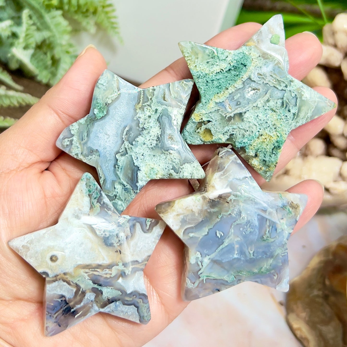 Moss Agate Stars Healing DIY Pendant Jewellery Crystal Carving Various Sizes