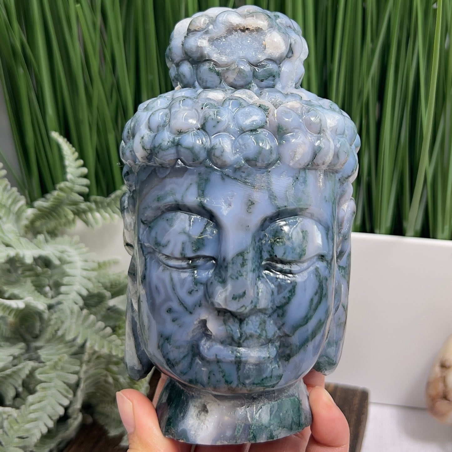 Moss Agate Blue Crystal Buddha 1412g