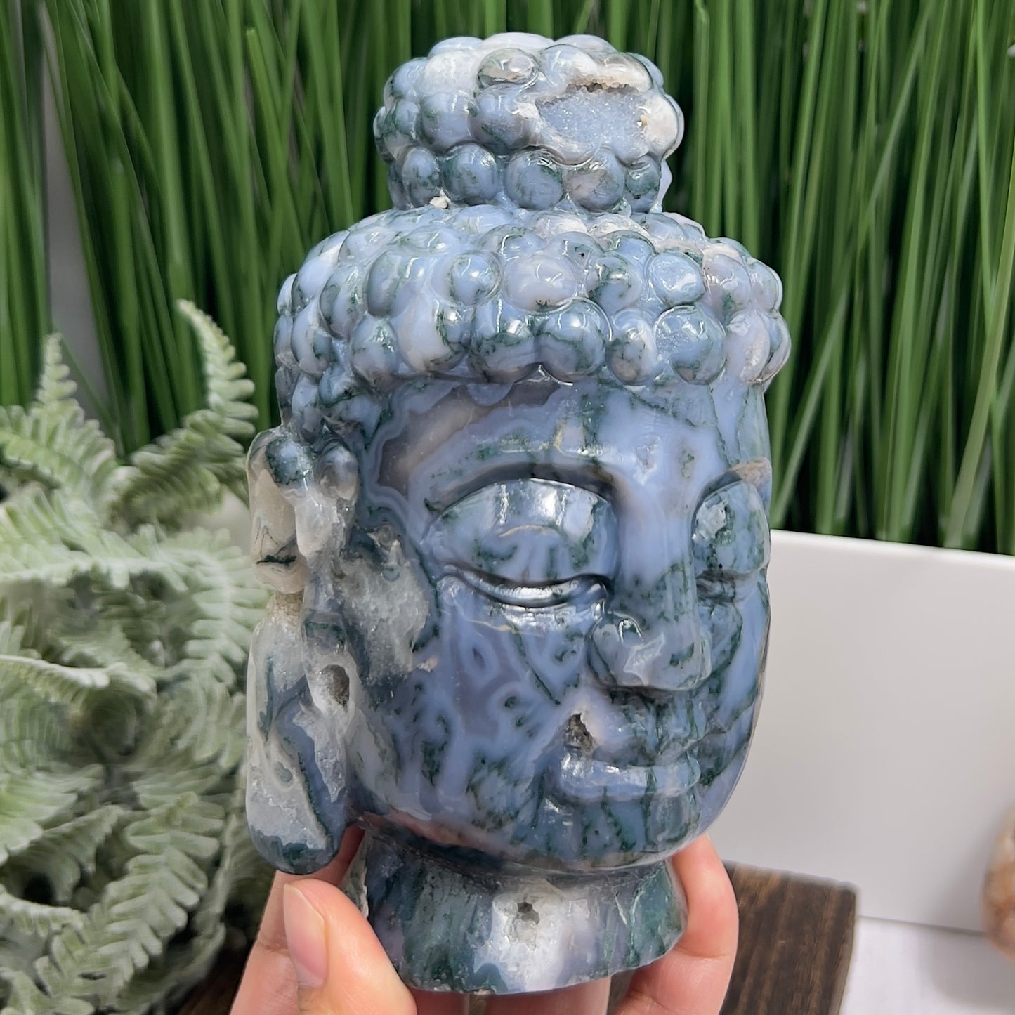 Moss Agate Blue Crystal Buddha 1412g