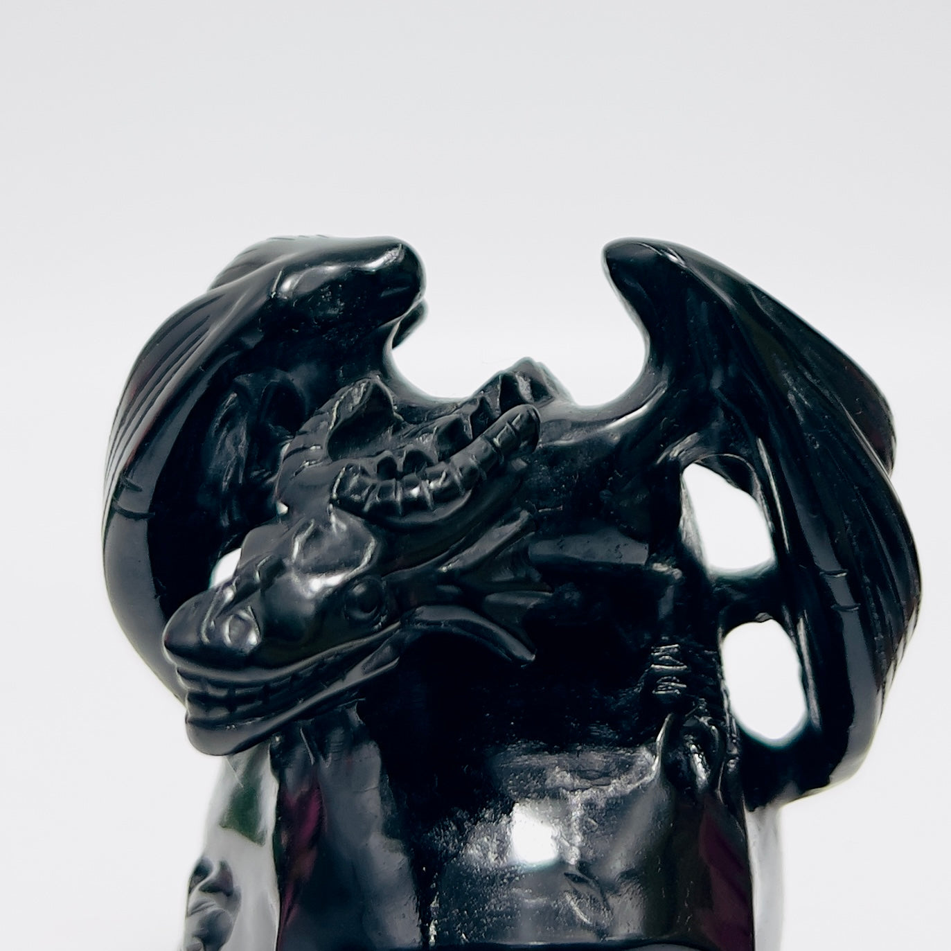 Black Obsidian Gargoyle Dragon on Skull Hollow Jaw Healing Crystal Carving 642g