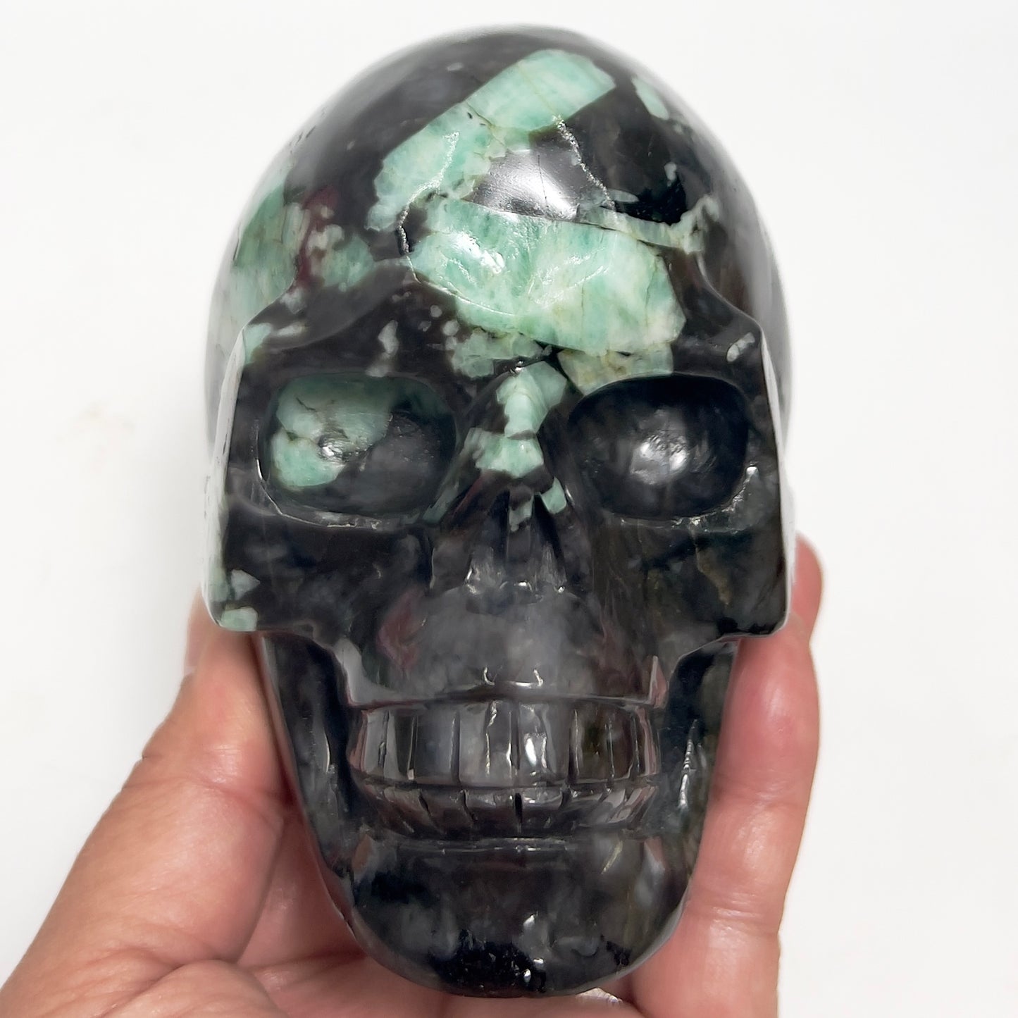 Emerald in Matrix Skull Healing Crystal Carving 1085g