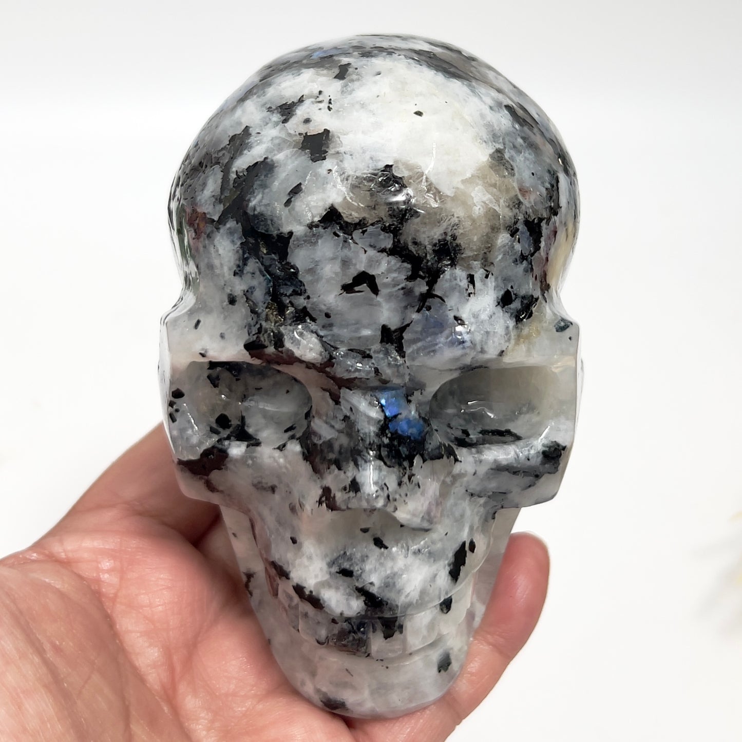 Rainbow Moonstone with Black Tourmaline Skull Healing Crystal Carving 1015g