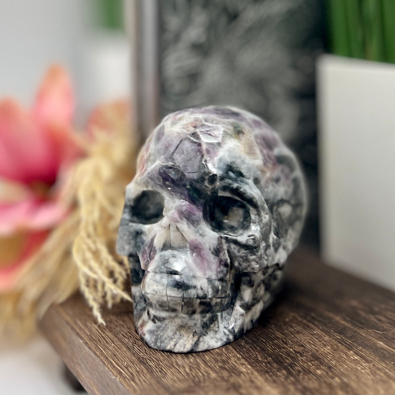 Zebra Stone Rock with Fluorite Skull Healing Crystal Skull Carving 985g